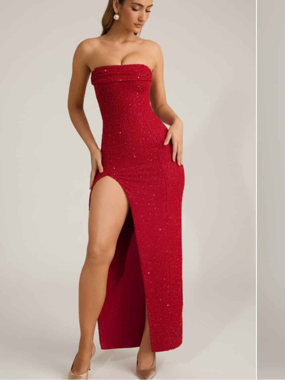 Oh Polly Red Strapless Embellished Cowl-Neck Maxi Dress